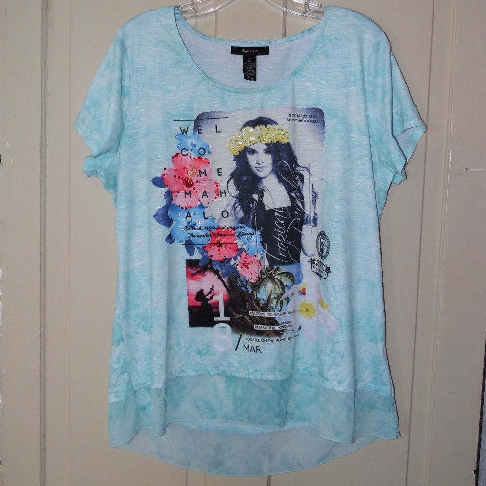Boho Embellished Flowy Hawaiian Honolulu Blouse, L